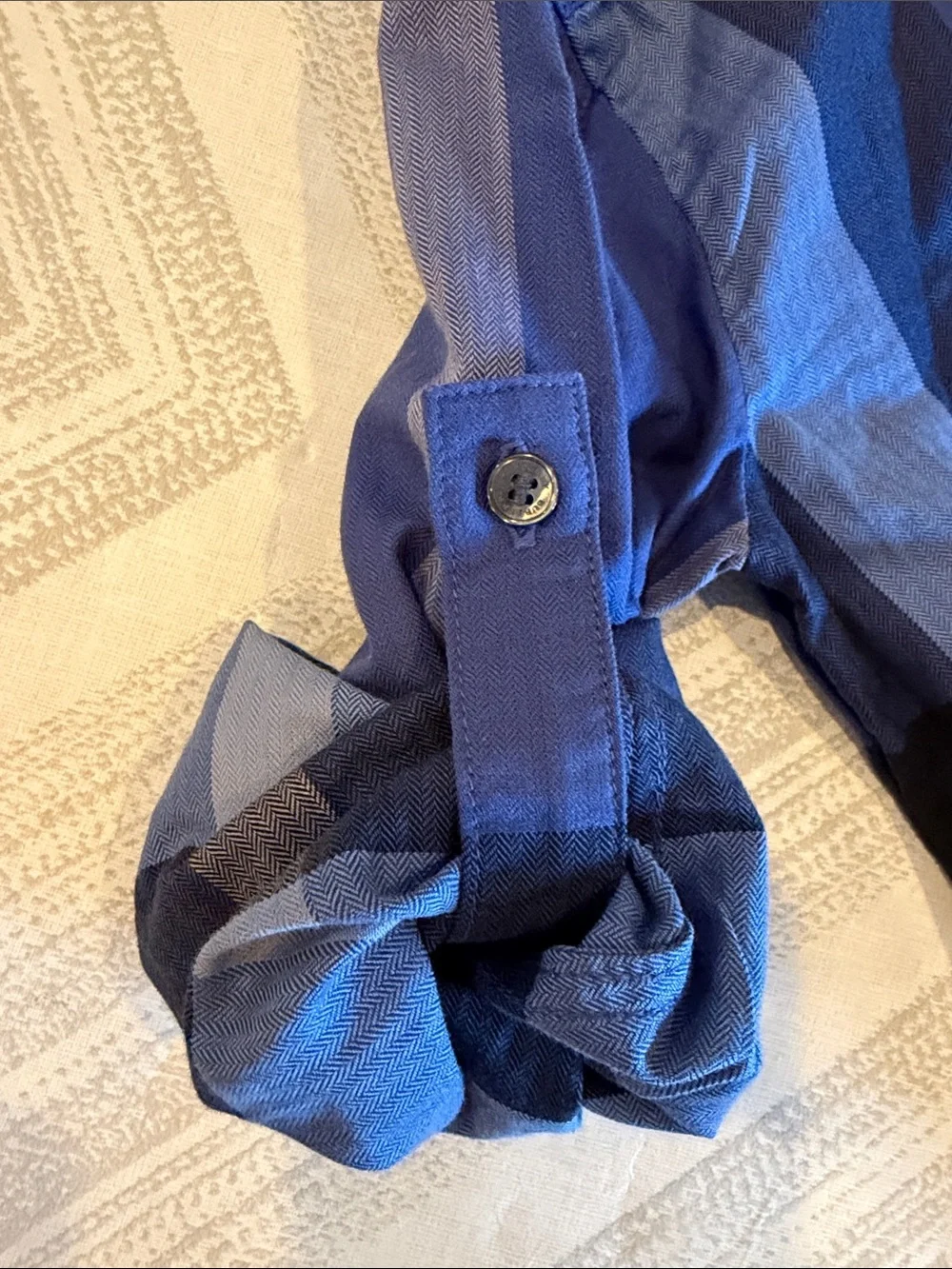 Burberry Children 6Y Blue Herringbone Plaid Button Down Shirt Roll Tab Sleeves
